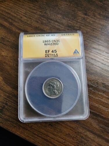 1865 Three Cent Nickel, EF45 Details, ANACS